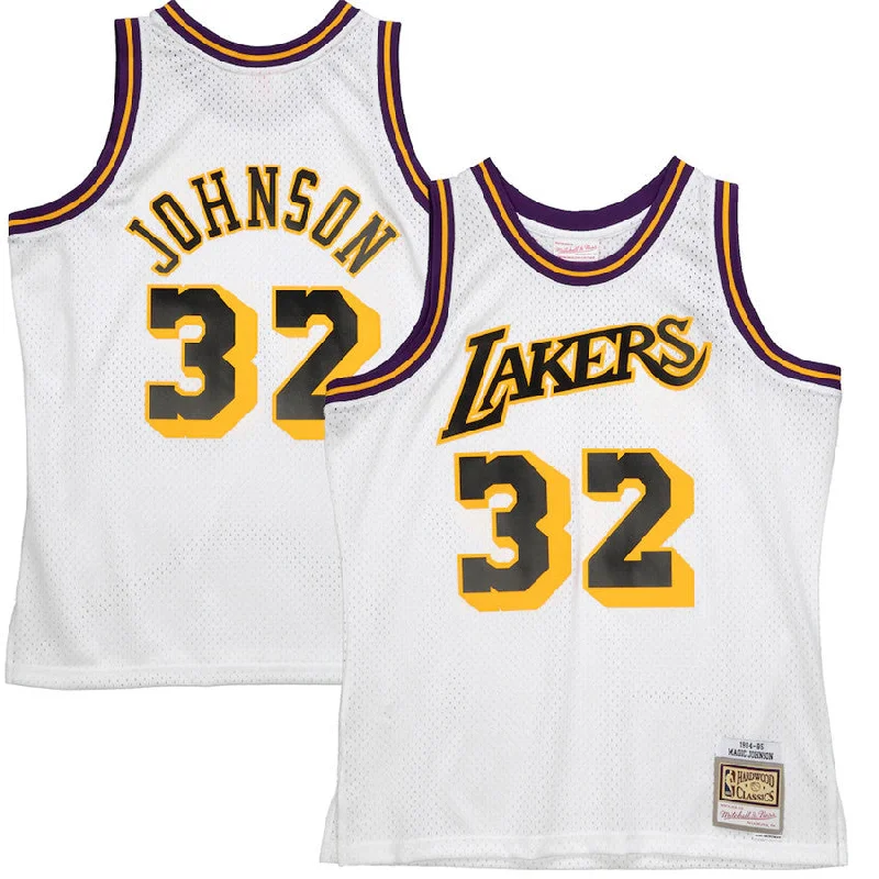 Basketball Jersey Online Exclusive-Men's Los Angeles Lakers #32 Magic Johnson Mitchell & Ness White 1984-85 Hardwood Classics Reload Basketball Jersey