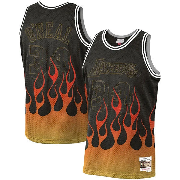 Basketball Jersey Home-Men's Los Angeles Lakers #34 Shaquille O'Neal Mitchell & Ness 1996-97 Black Hardwood Classics Flames Swingman Stitched Basketball Jersey