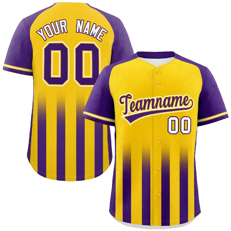 Baseball Jersey Baseball Fan-Custom Gold Purple Raglan Sleeves Gradient Thick Stripe Authentic Baseball Jersey