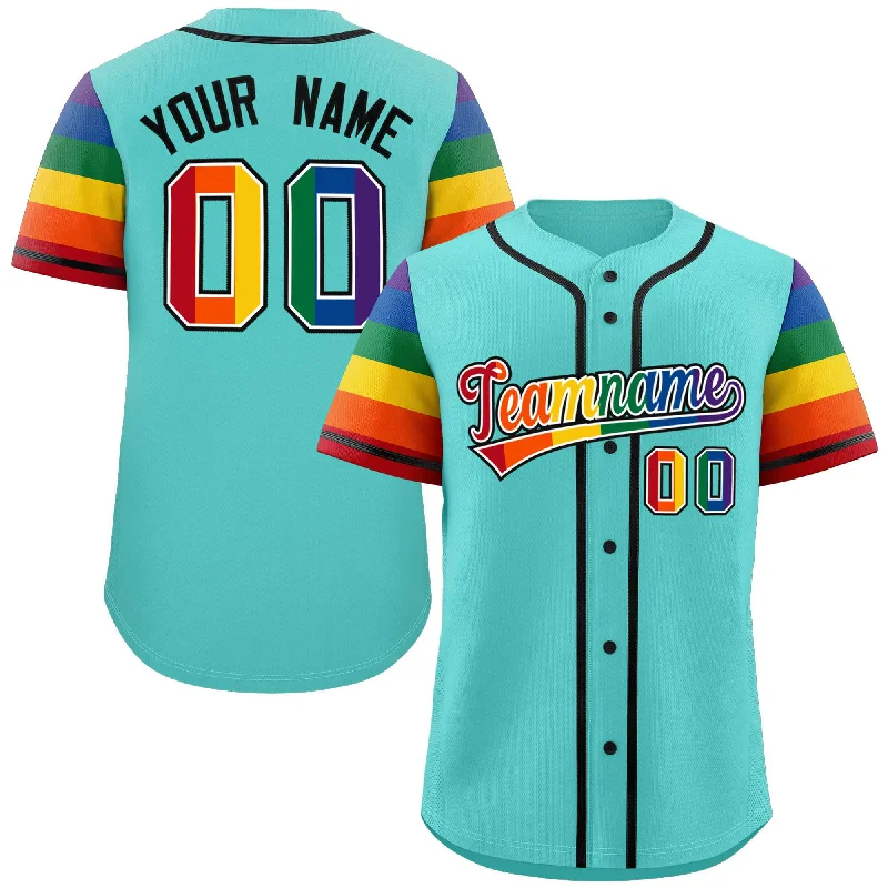 Baseball Jersey Blank-Custom Aqua LGBT Rainbow For Pride Month Raglan Sleeves Authentic Baseball Jersey