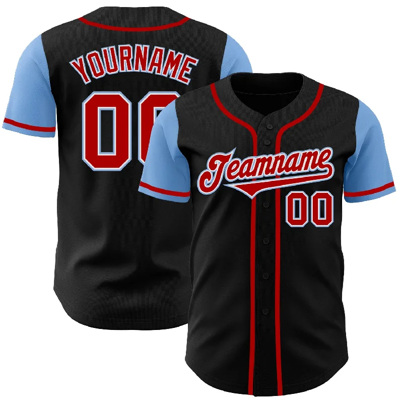 Baseball Jersey V-Neck-Custom Black Red-Light Blue Authentic Two Tone Baseball Jersey