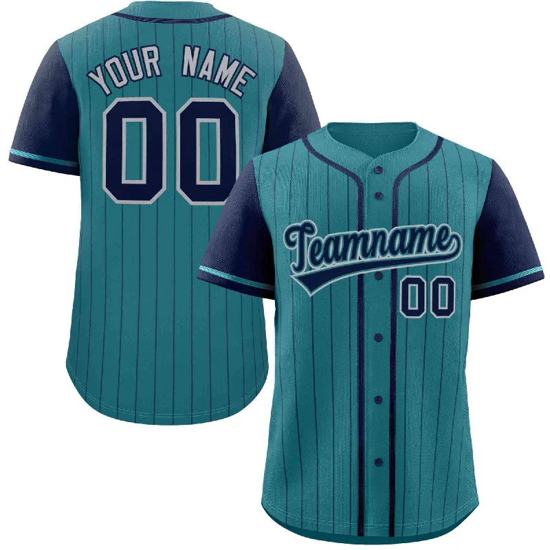 Baseball Jersey Logo-Custom Aqua Navy Stripe Fashion Raglan Sleeves Authentic Baseball Jersey