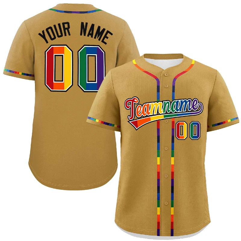 Baseball Jersey Anime-Custom Old Gold LGBT Rainbow For Pride Month Classic Style Authentic Baseball Jersey