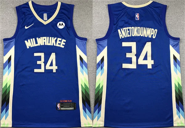 Basketball Jersey White-Men's Milwaukee Bucks #34 Giannis Antetokounmpo 2022-23 Blue City Edition Stitched Basketball Basketball Jersey