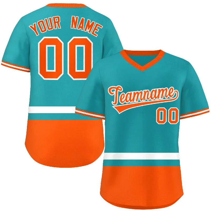 Baseball Jersey Ethical Fashion-Custom Aqua White-Orange Color Block Personalized V-Neck Authentic Pullover Baseball Jersey