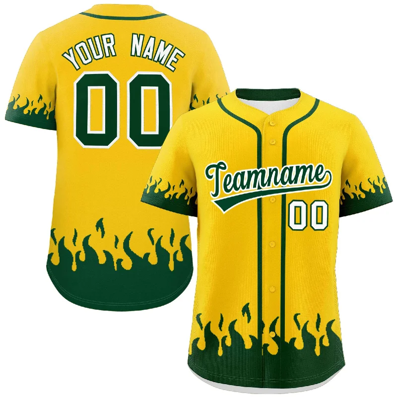 Baseball Jersey Mesh-Custom Gold Green Personalized Flame Graffiti Pattern Authentic Baseball Jersey