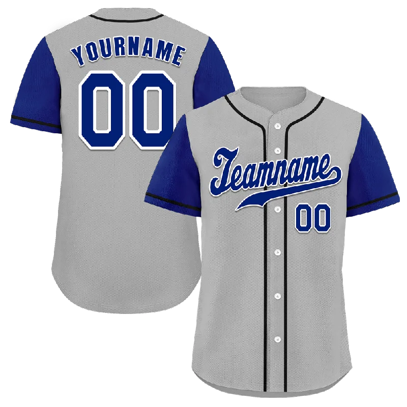 Baseball Jersey Best Deals-Custom Grey Blue Raglan Sleeves Blue Authentic Baseball Jersey