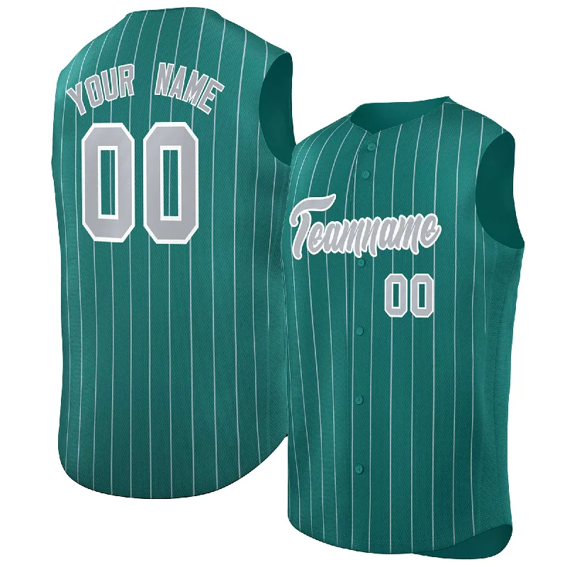 Baseball Jersey Sun Protection-Custom Aqua Gray-White Sleeveless Stripe Fashion Baseball Jersey