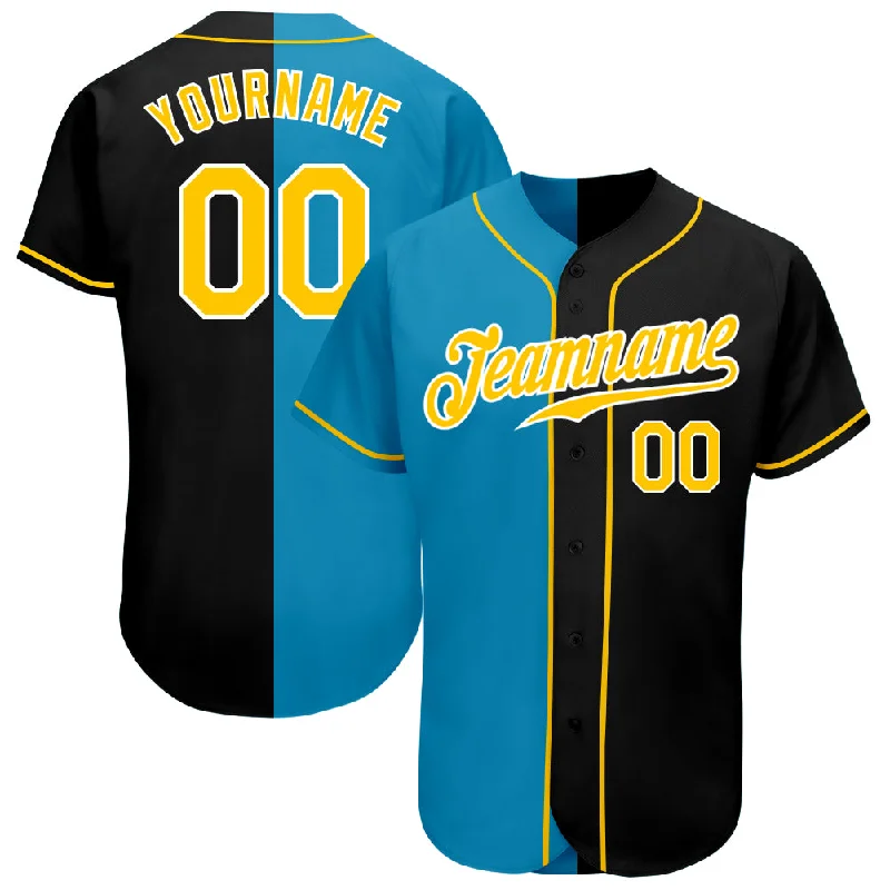 Baseball Jersey Breathable-Custom Black Gold-Panther Blue Authentic Split Fashion Baseball Jersey