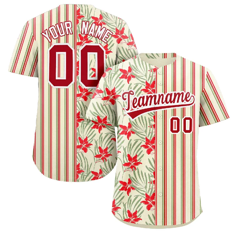 Baseball Jersey Training-Custom Khaki Red-Green Hawaii Tropical Flower Stripe Fashion Baseball Jersey