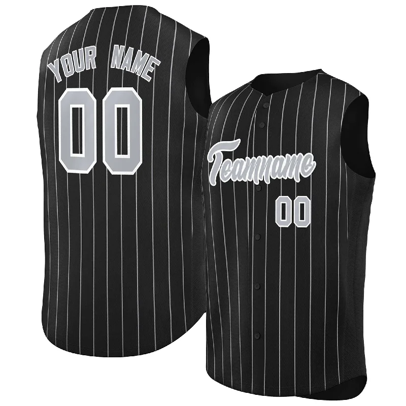 Baseball Jersey Button-Up-Custom Black Gray-White Sleeveless Stripe Fashion Baseball Jersey