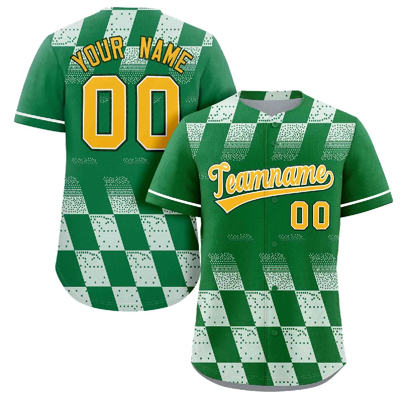 Baseball Jersey Little League-Custom Kelly Green White Grid Speckles Color Block Design Authentic Baseball Jersey