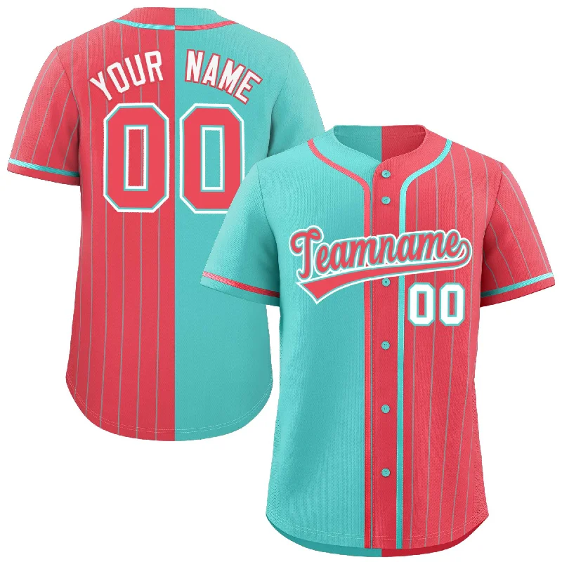 Baseball Jersey Mesh-Custom Aqua Light Red Stripe-Solid Combo Fashion Authentic Baseball Jersey