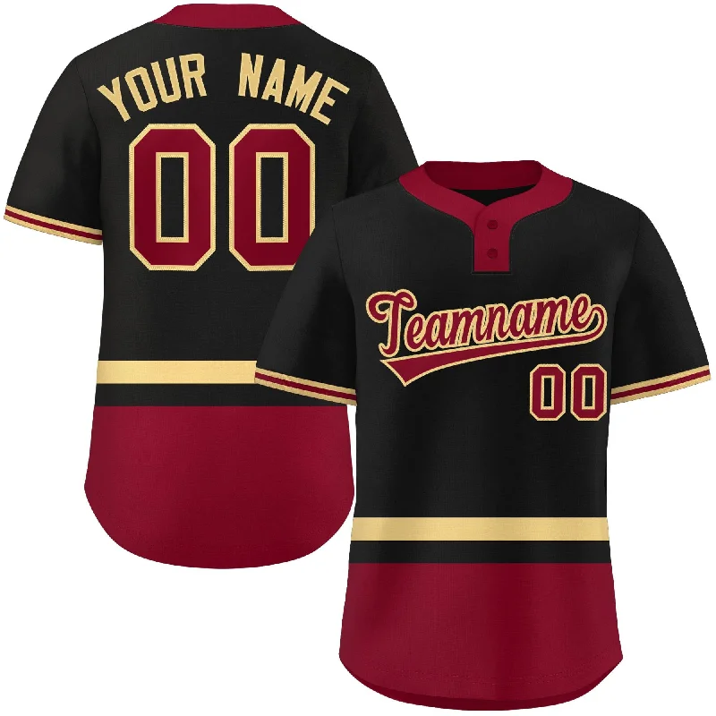 Baseball Jersey Slogan-Custom Black Khaki-Crimson Color Block Personalized Authentic Two-Button Baseball Jersey