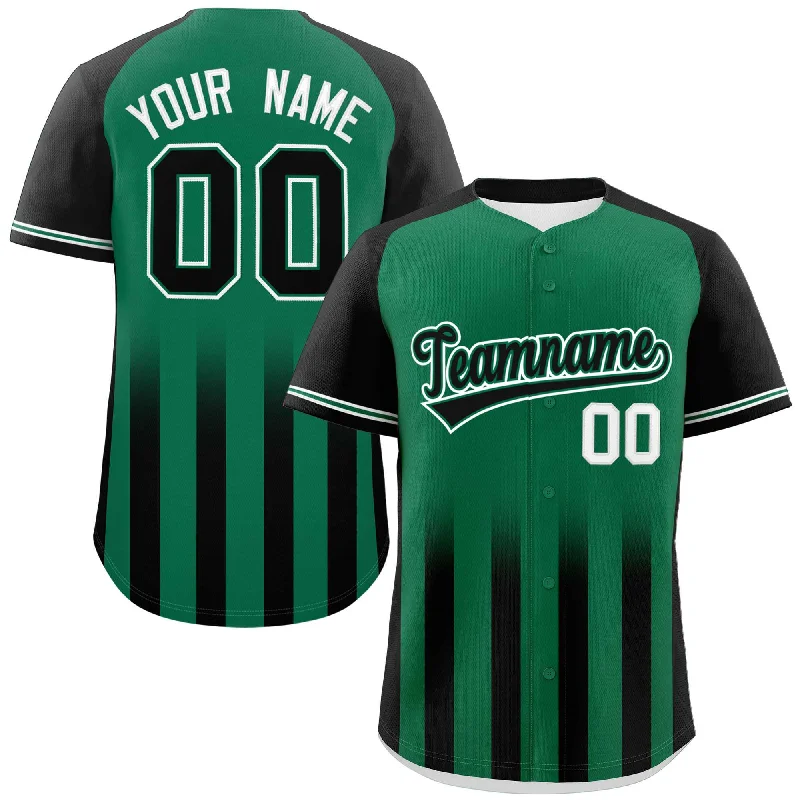 Baseball Jersey Ethical Fashion-Custom Kelly Green Black Raglan Sleeves Gradient Thick Stripe Authentic Baseball Jersey