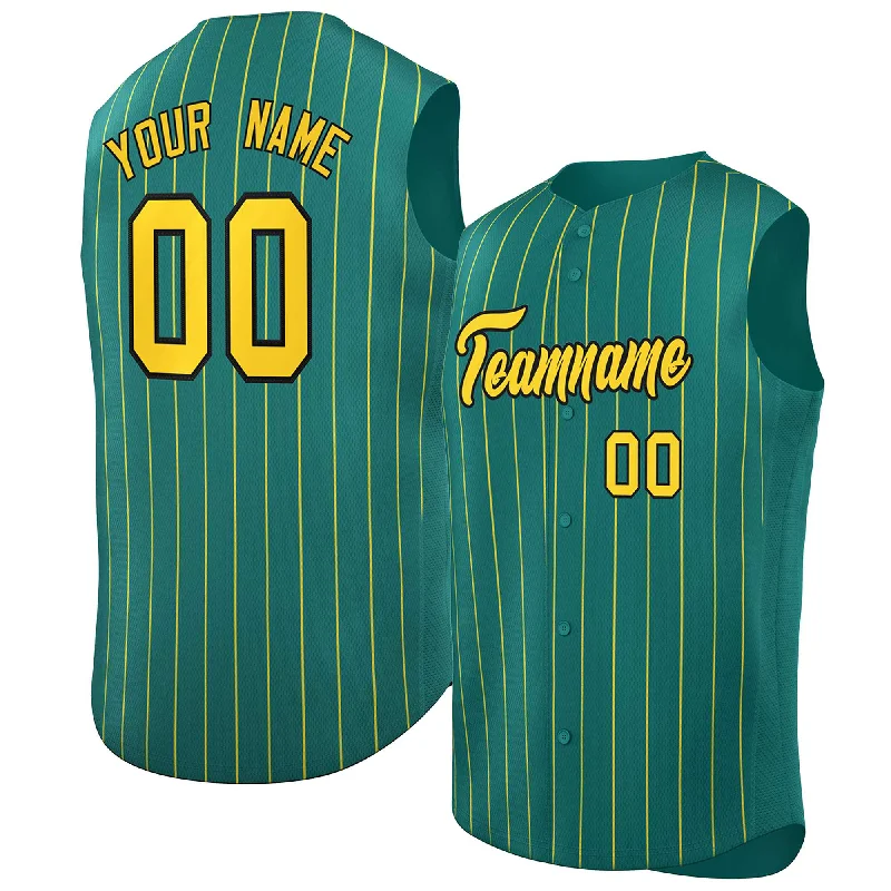 Baseball Jersey Waterproof-Custom Aqua Gold-Black Sleeveless Stripe Fashion Baseball Jersey