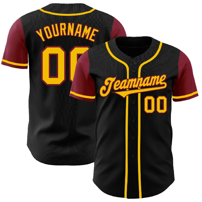 Baseball Jersey Long Sleeve-Custom Black Gold-Crimson Authentic Two Tone Baseball Jersey