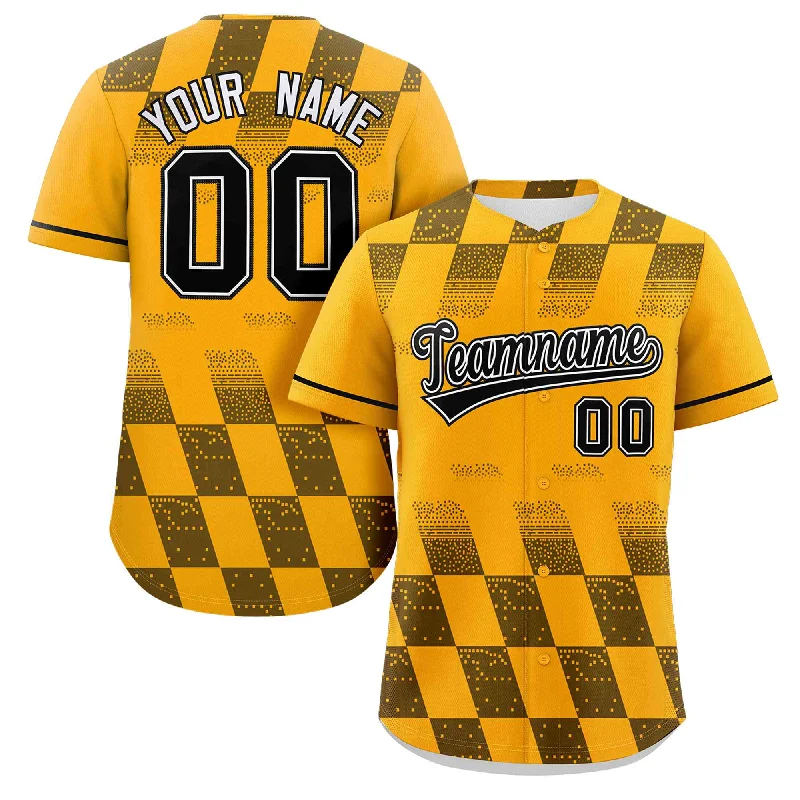 Baseball Jersey Stylish-Custom Gold Black Grid Speckles Color Block Design Authentic Baseball Jersey