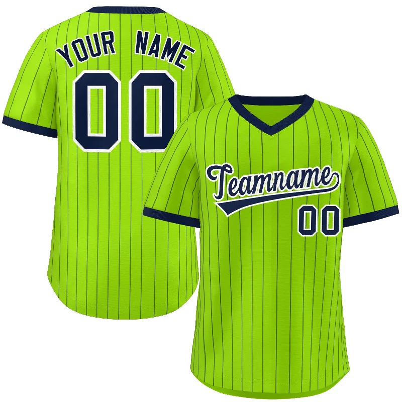 Baseball Jersey Polyester-Custom Neon Green Navy Stripe Fashion Authentic Pullover Baseball Jersey