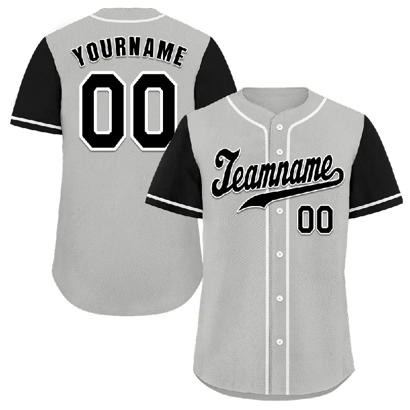 Baseball Jersey Loose Fit-Custom Grey Black Raglan Sleeves Black Authentic Baseball Jersey