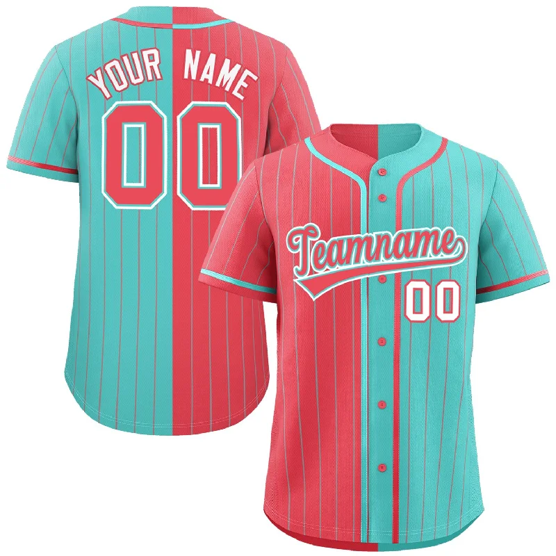 Baseball Jersey Cotton-Custom Aqua Light Red Two Tone Striped Fashion Authentic Baseball Jersey