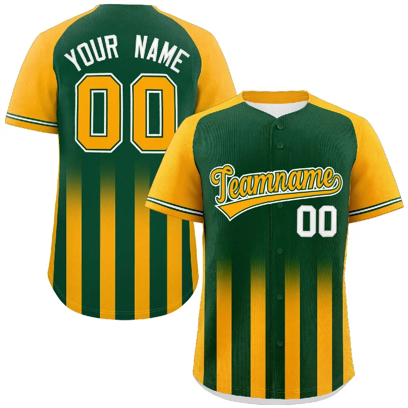 Baseball Jersey White-Custom Green Yellow Raglan Sleeves Gradient Thick Stripe Authentic Baseball Jersey