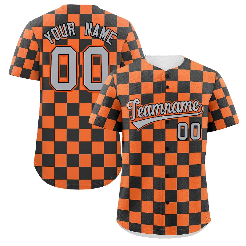 Baseball Jersey Cotton-Custom Black Orange Square Grid Color Block Design Authentic Baseball Jersey