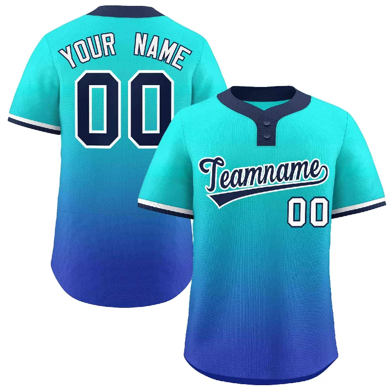 Baseball Jersey Button-Up-Custom Aqua Royal Navy-White Gradient Fashion Authentic Two-Button Baseball Jersey