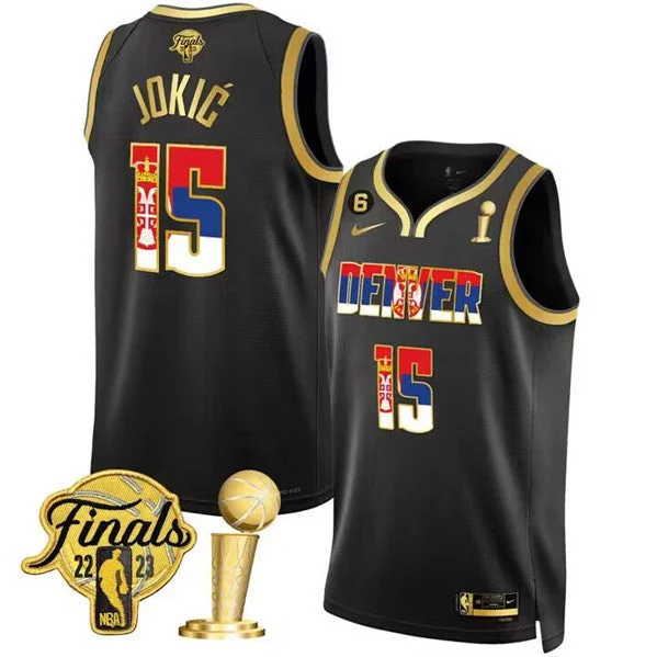 Basketball Jersey Durable Material-Men's Denver Nuggets #15 Nikola Jokic 2023 Black Gold Serbia Flag Finals Champions With NO.6 Patch Stitched Basketball Basketball Jersey