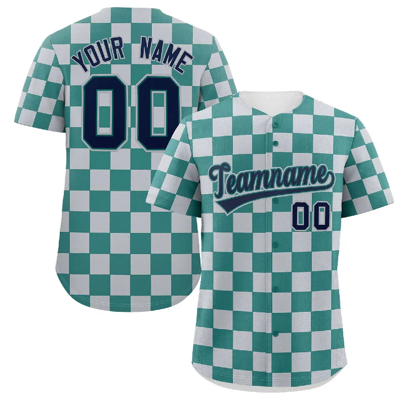 Baseball Jersey Unique-Custom Aqua Light Gray Square Grid Color Block Design Authentic Baseball Jersey