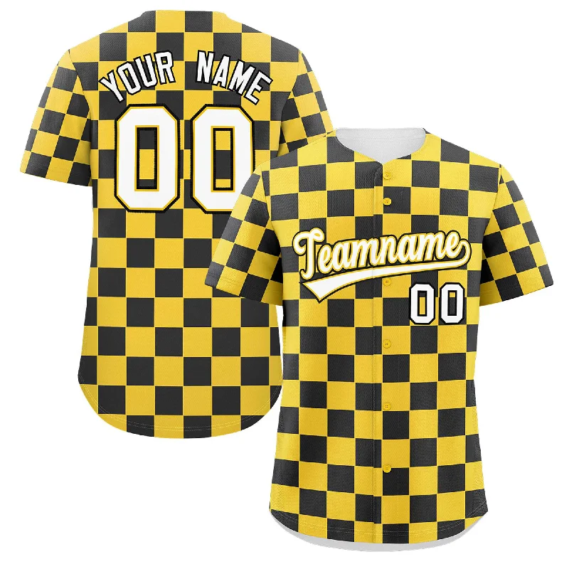 Baseball Jersey Minimalist-Custom Gold Black Square Grid Color Block Design Authentic Baseball Jersey