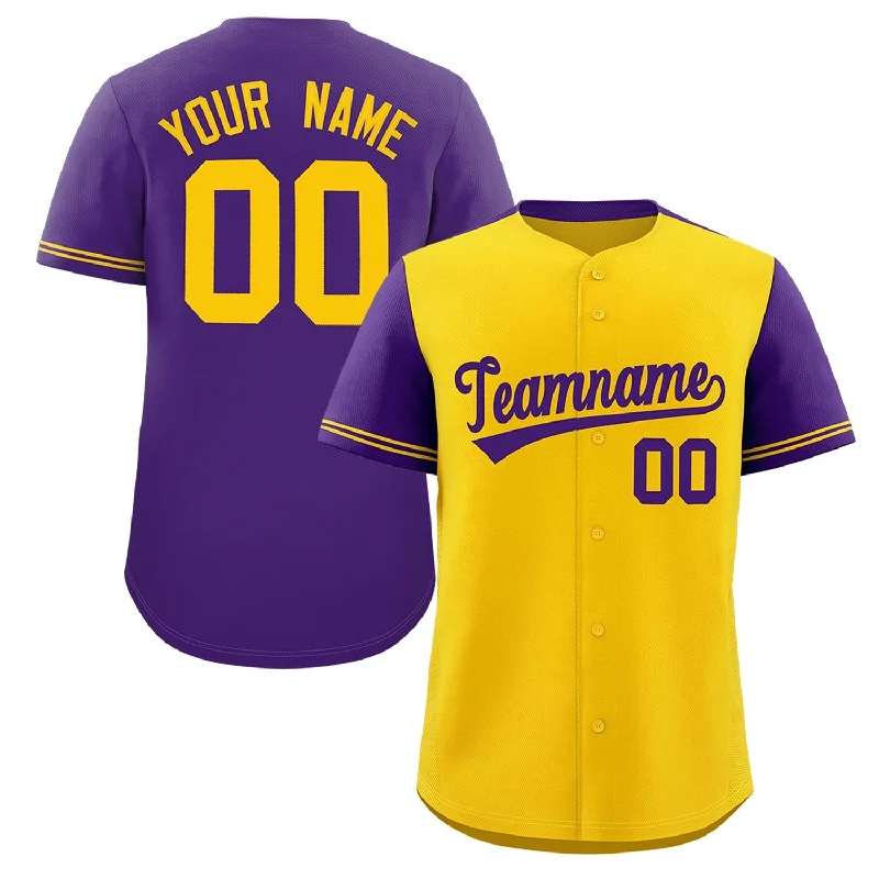 Baseball Jersey Baseball Coach-Custom Gold Purple Color Block Personalized Raglan Sleeves Authentic Baseball Jersey