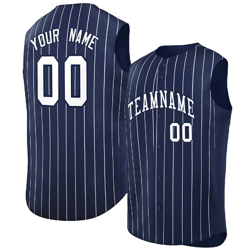 Baseball Jersey Home-Custom Navy White-Navy Sleeveless Stripe Fashion Baseball Jersey