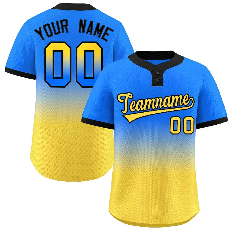 Baseball Jersey Sun Protection-Custom Light Blue Gold Gold-Black Gradient Fashion Authentic Two-Button Baseball Jersey