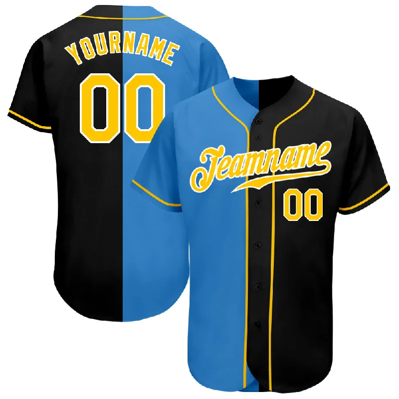 Baseball Jersey Affordable-Custom Black Gold-Powder Blue Authentic Split Fashion Baseball Jersey