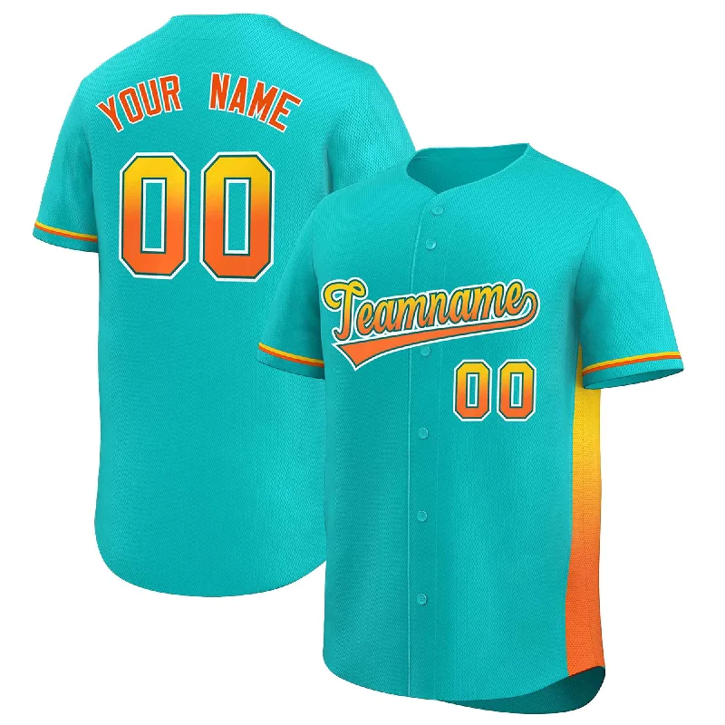 Baseball Jersey Printed-Custom Aqua Gold-Orange Personalized Gradient Font And Side Design Authentic Baseball Jersey