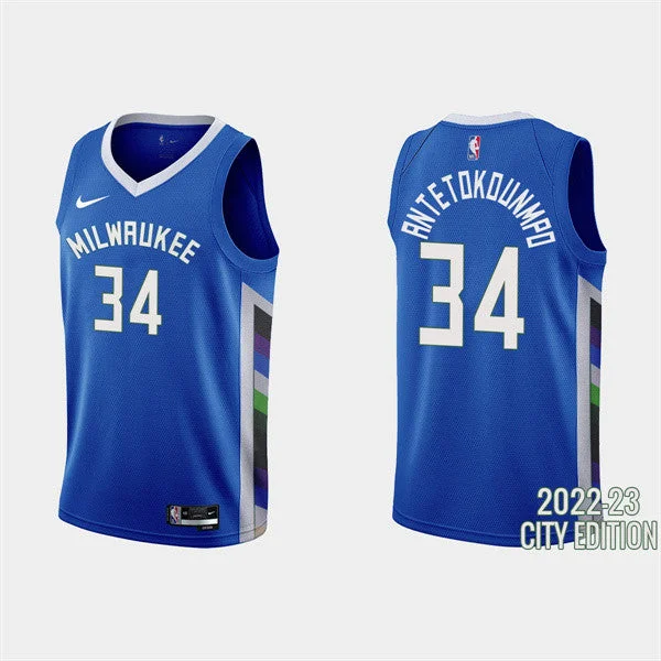 Basketball Jersey Vintage-Men's Milwaukee Bucks #34 Giannis Antetokounmpo 2022-23 City Edition Blue Stitched Basketball Basketball Jersey