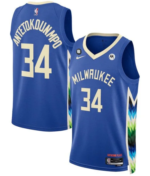 Basketball Jersey Slam Dunk-Men's Milwaukee Bucks #34 Giannis Antetokounmpo Blue 2022/23 City Edition With No.6 Patch Stitched Basketball Basketball Jersey