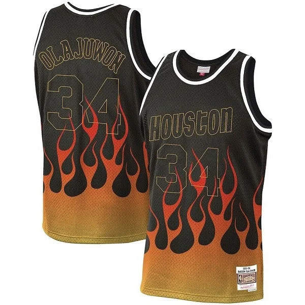 Basketball Jersey Indoor-Men's Houston Rockets #34 Hakeem Olajuwon Black 1993-94 Mitchell & Ness Hardwood Classics Flames Swingman Stitched Basketball Jersey