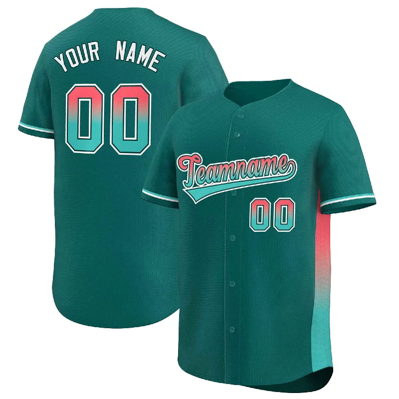 Baseball Jersey Affordable-Custom Aqua Lt Red-Aqua Personalized Gradient Font And Side Design Authentic Baseball Jersey