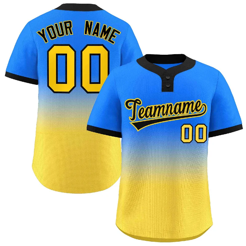 Baseball Jersey Waterproof-Custom Light Blue Gold Black-Gold Gradient Fashion Authentic Two-Button Baseball Jersey