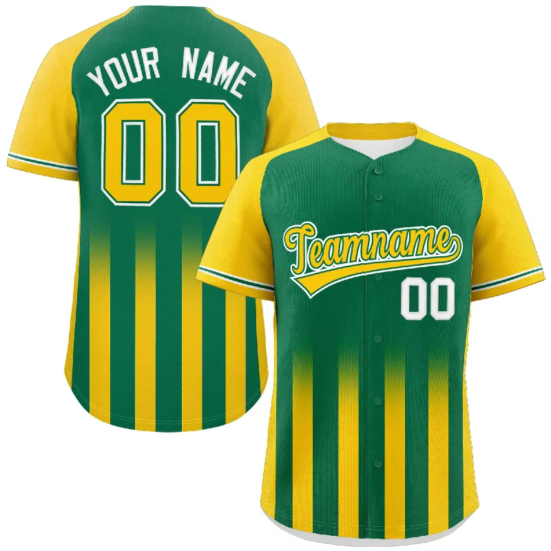 Baseball Jersey Black-Custom Kelly Green Gold Raglan Sleeves Gradient Thick Stripe Authentic Baseball Jersey