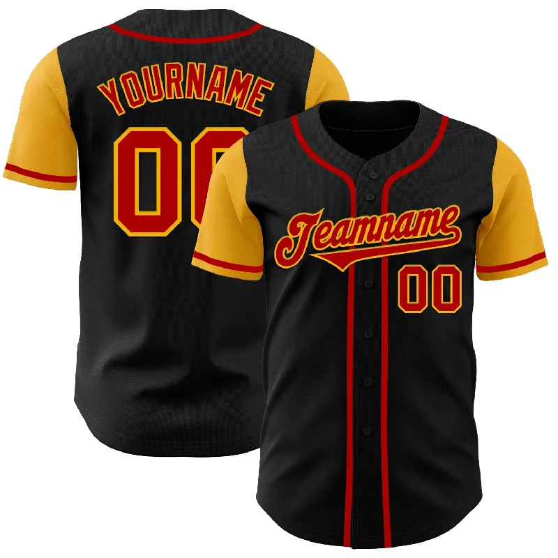 Baseball Jersey Mesh-Custom Black Red-Gold Authentic Two Tone Baseball Jersey