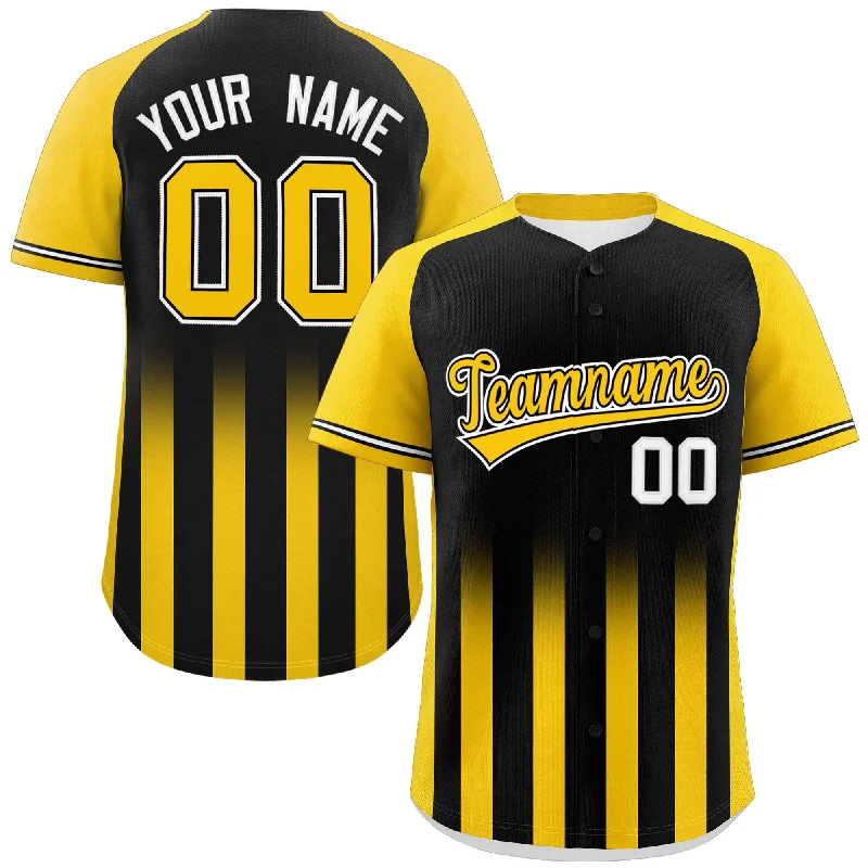 Baseball Jersey UV Protection-Custom Black Gold Raglan Sleeves Gradient Thick Stripe Authentic Baseball Jersey