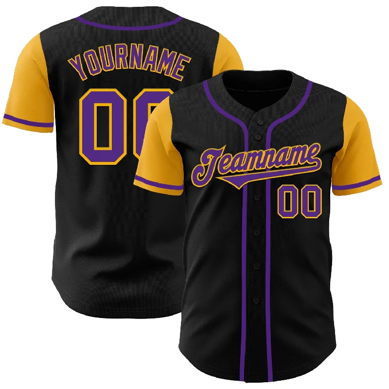 Baseball Jersey Cotton-Custom Black Purple-Gold Authentic Two Tone Baseball Jersey