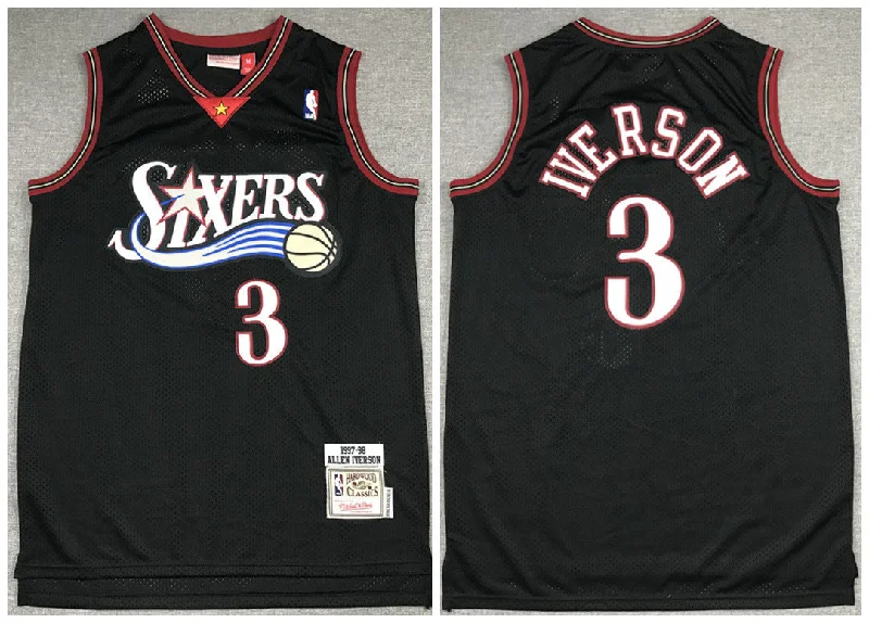 Basketball Jersey Embroidered-Men's Philadelphia 76ers Black #3 Allen Iverson 1997-98 Throwback Stitched Basketball Jersey