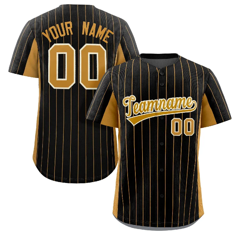 Baseball Jersey Loose Fit-Custom Black Old Gold Stripe Fashion Design Full Button Authentic Baseball Jersey