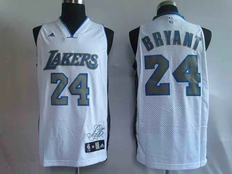 Basketball Jersey Checkered-Lakers 24 Kobe Bryant White Grey Number Fans Edition Basketball Jerseys