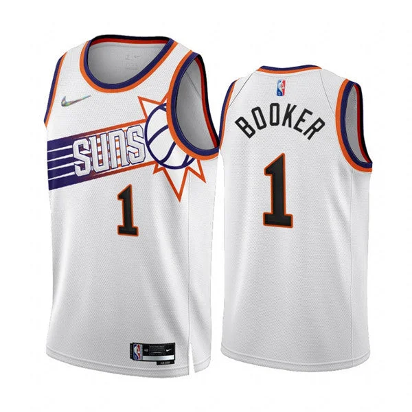 Basketball Jersey Plaid-Men's Phoenix Suns #1 Devin Booker 2022/23 White 75th Anniversary Association Edition Stitched Basketball Jersey