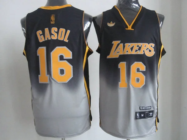 Basketball Jersey Gameday Outfit-Lakers 16 Gasol Black&Grey Basketball Jerseys